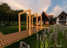 Villatuin met vlonderlooppad en design pergola's