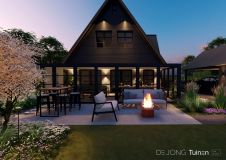 Strak tuinontwerp terras en overkapping aan huis 
