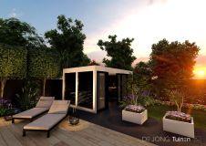 Tuinontwerp met overkapping en strakke plantenbakken