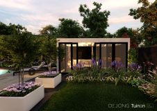 Moderne tuin met overkapping en schuifdeuren