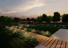 Villatuin met vlonderpad en gazonveld