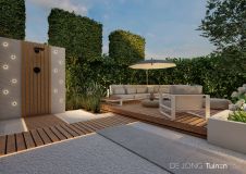 Tuinontwerp achtertuin met buitendouche in Dordrecht