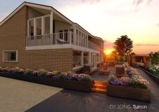 Tuinontwerp modern met verhoogde plantenbakken om terras