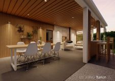 Tuinontwerp met ruime overkapping in beach vibe