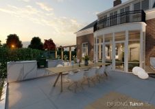 Tuinontwerp eettafel bij luxe buitenkeuken