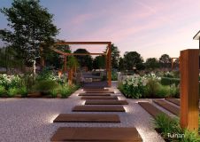 Villatuin met speelse houtlook staptegels