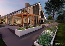 Tuinontwerp met strakke plantenbakken en overkapping