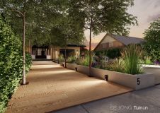 Tuinontwerp entree pad met keramische houtlook tegels