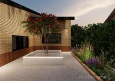 Tuinontwerp witte plantenbak met meerstammige fluweelboom