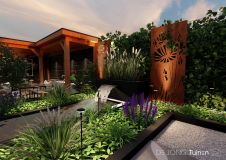 Tuinontwerp van vijver en cortenstalen design elementen