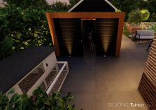 Tuinontwerp van fietsenhok met schuifdeur