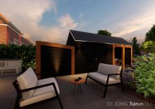 Tuinontwerp overkapping en berging met zadeldak