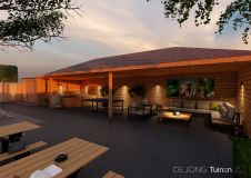 Tuinontwerp overkapping met lounge en speelruimte
