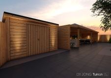 Bedrijfstuinontwerp met een grote berging en overkapping