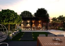 Tuinontwerp met strakke staptegels in het gazon