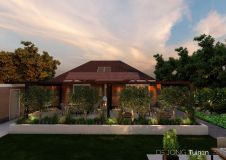 Exclusieve tuin in Sliedrecht met design overkapping, beplanting en olijfbomen