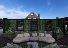 Villatuin met vlonderterras en shutters als afscheiding
