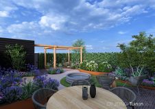 Stijlvolle achtertuin met cortenstalen plantenbakken
