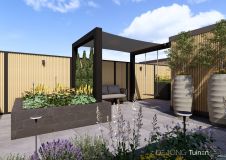 Strakke achtertuin met een composiet tuinafscheiding