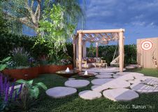 Sfeerimpressie stapstenen en design pergola overdag