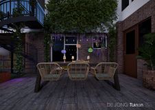 Sfeerimpressie terras eettafel avond