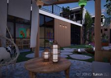Sfeerimpressie terras onder pergola avond