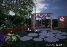 Sfeerimpressie stapstenen en design pergola avond